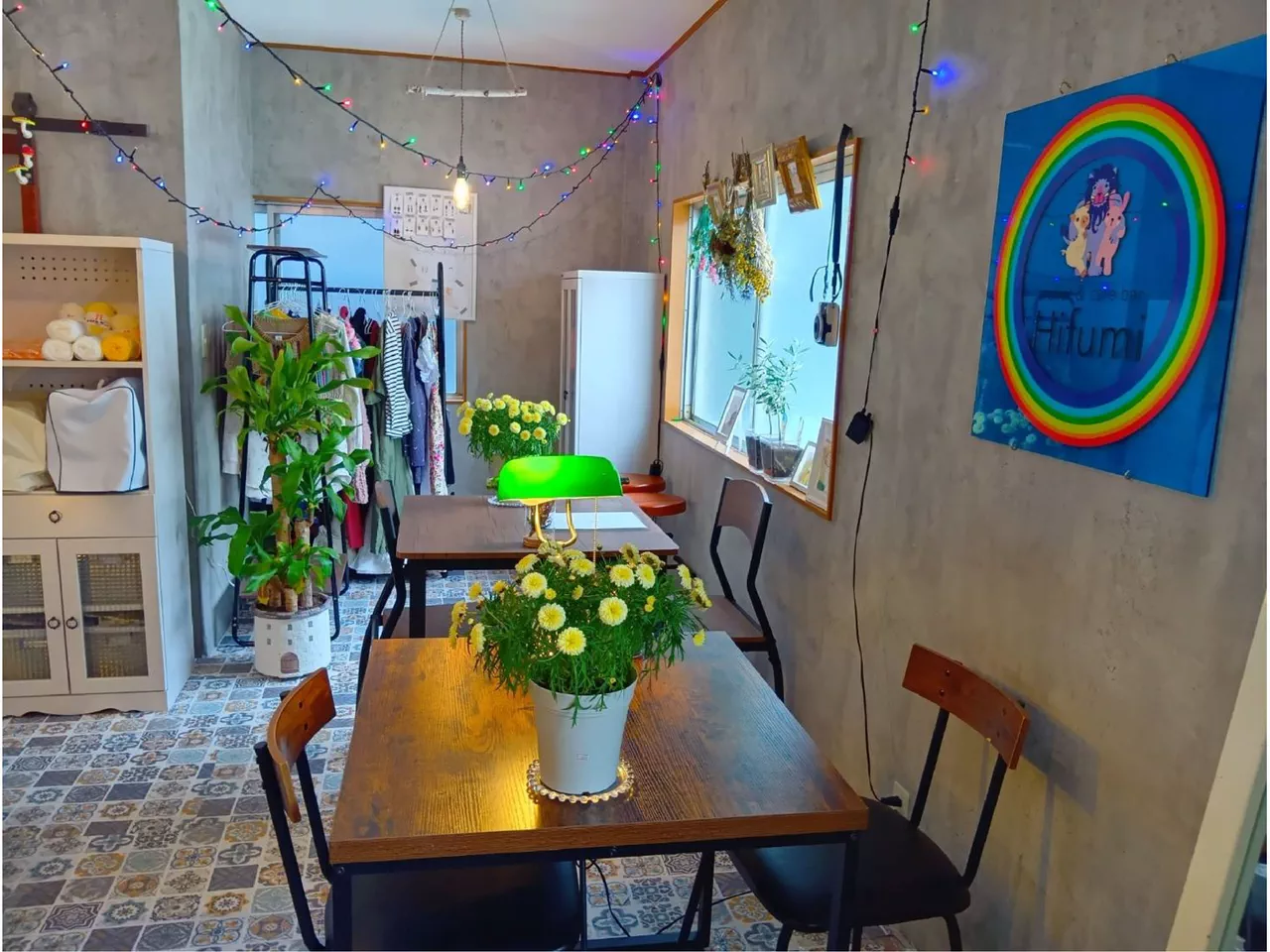 atelier & cafe bar Hifumiの別角度の店内。植物やテーブル、壁面の彩りが見える空間。
